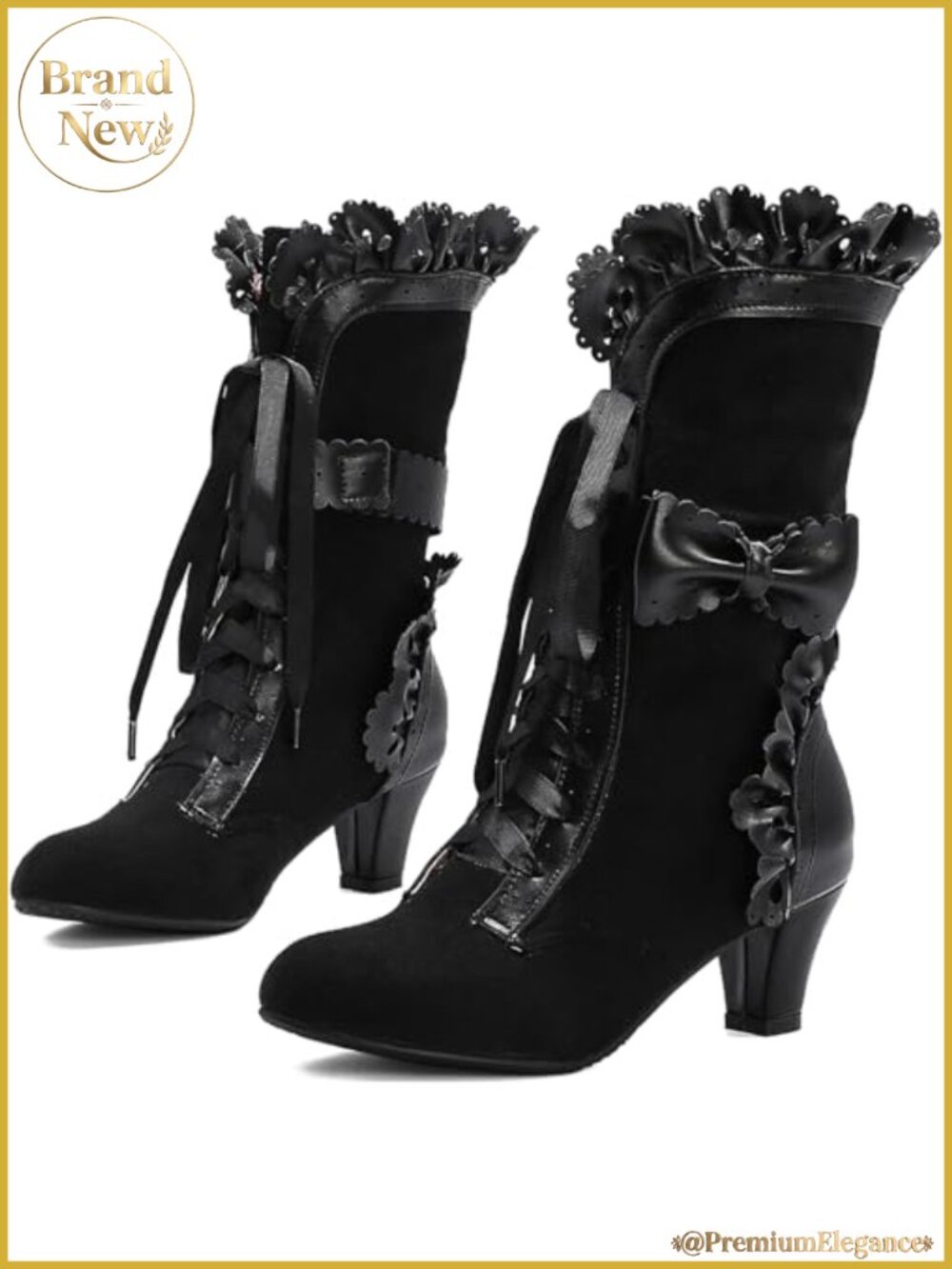 Victorian Lace Up Mid Calf Boots Faux Suede Mid Heel Slouch Boot